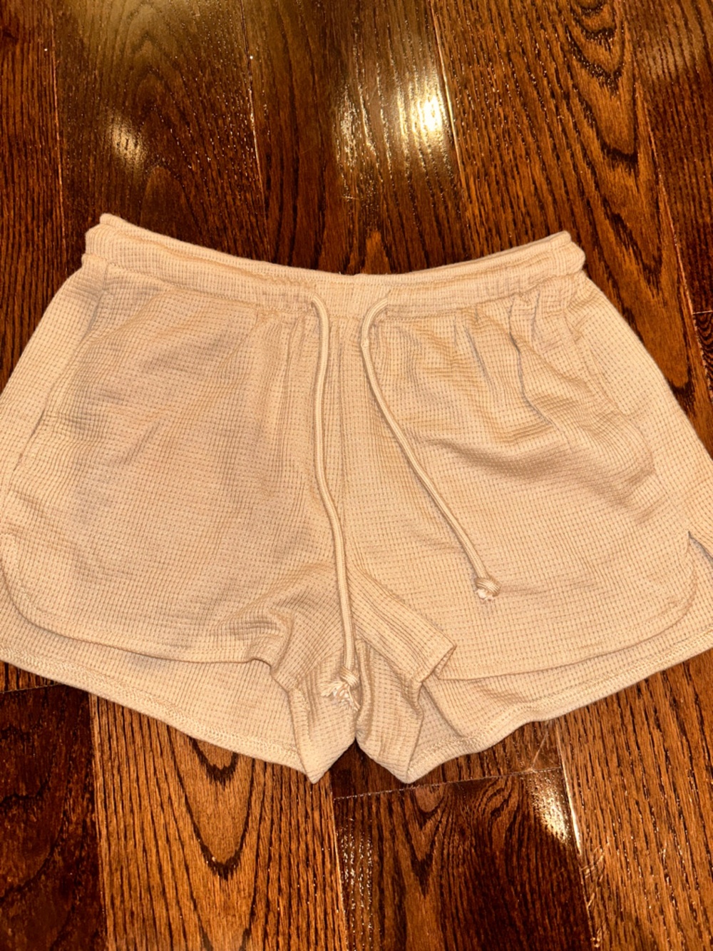 SHEIN Cream Waffle Knit Drawstring Athletic Shorts
